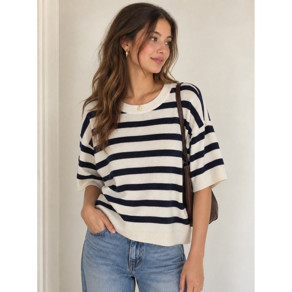 Madewell Cashmere Striped Short Sleeve Crewneck Sweater XXL White Black New